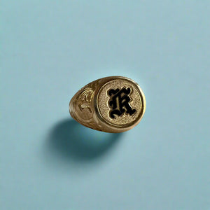 Large Round Old English Signet Ring with Initial "K" in 14K Yellow Gold