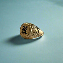 Load image into Gallery viewer, Large Round Old English Signet Ring with Initial &quot;K&quot; in 14K Yellow Gold
