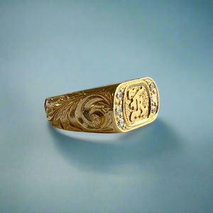 Oval Old English Signet Ring with Raised Initial "K" & Diamonds in 14K Yellow Gold