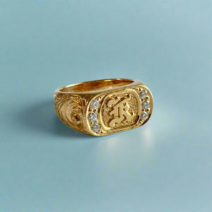 Oval Old English Signet Ring with Raised Initial "K" & Diamonds in 14K Yellow Gold