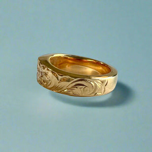 Old English & Hibiscus Signet Ring with  Black Initial "K" in 14K Yellow Gold