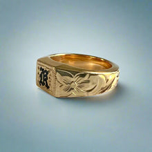 Load image into Gallery viewer, Old English &amp; Hibiscus Signet Ring with  Black Initial &quot;K&quot; in 14K Yellow Gold
