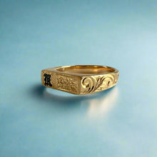 Load image into Gallery viewer, Old English &amp; Hibiscus with leaves Flower Signet Ring with Black Initial &quot;K&quot; in 14K Yellow Gold 
