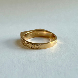 Old English & Hibiscus with leaves Flower Signet Ring with Black Initial "K" in 14K Yellow Gold 