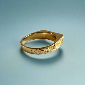 Old English & Hibiscus with leaves Flower Signet Ring with Black Initial "K" in 14K Yellow Gold 