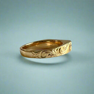 Old English & Hibiscus with leaves Flower Signet Ring with Black Initial "K" in 14K Yellow Gold 