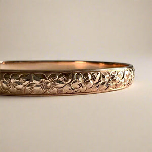 Hibiscus & Plumeria with Leaves 6mm Bangle Bracelet in 14K Pink Gold