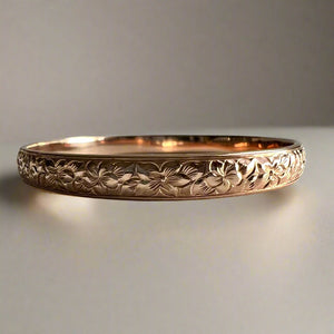 Hibiscus & Plumeria with Leaves 6mm Bangle Bracelet in 14K Pink Gold