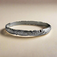 Load image into Gallery viewer, Scalloped Old English w/ Hibiscus &amp; Plumeria 8mm Bangle Bracelet in 14K White Gold
