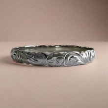 Load image into Gallery viewer, Scalloped Old English w/ Hibiscus &amp; Plumeria 8mm Bangle Bracelet in 14K White Gold
