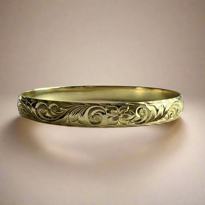 Old English & Hibiscus 8mm Bangle Bracelet in 14K Green Gold