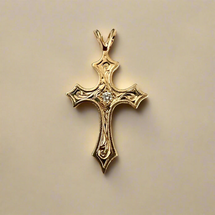 Medium Byzantine Cross Pendant with Diamond in 14K Yellow Gold