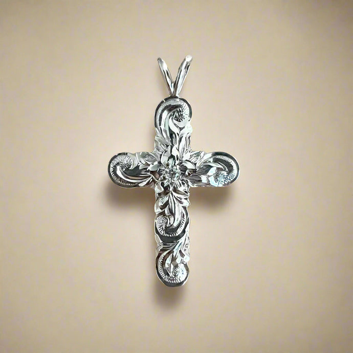 Medium Old English Scalloped 6mm Cross Pendant with Hibiscus & Diamond in 18K White Gold