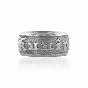 Raised Old English and Plumeria 10mm "Kuuipo" Ring in 14K White Gold