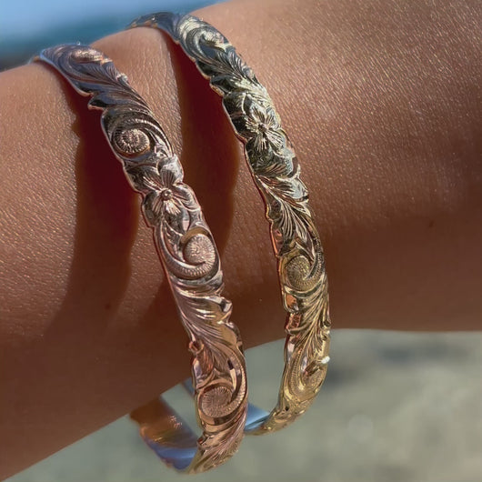 Scalloped Old English & Hibiscus 8mm Bangle Bracelet in 14K Yellow and Pink Gold