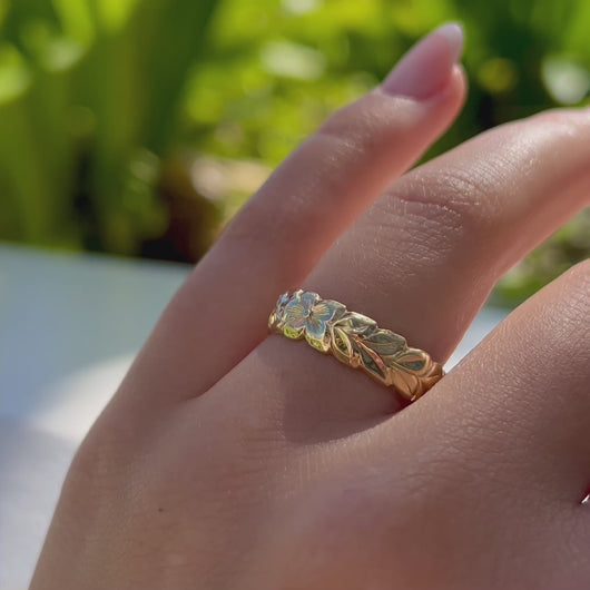 Scalloped Shiny Maile with Hibiscus 6mm Ring in 14K Gold